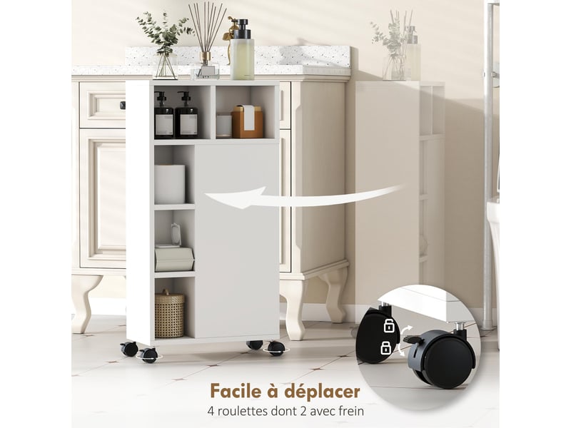  Meuble de salle de bain à roulettes, meuble de rangement étroit, 3 tiroirs, 5 compartiments ouverts, blanc,  20x40x80cm  - Conforama R