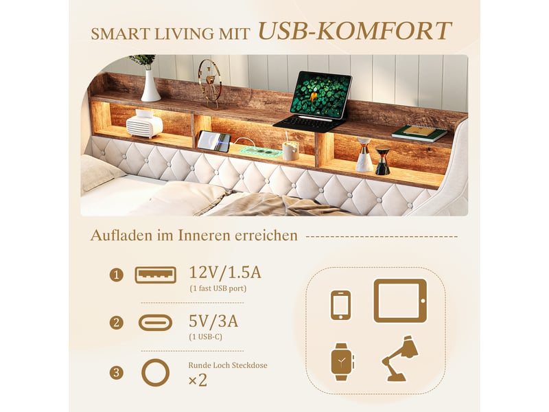  Lit gigogne simple 90×190 cm avec rangement, usb et led réglable - okmyhome- en velours beige, sans matelas  - Conforama E