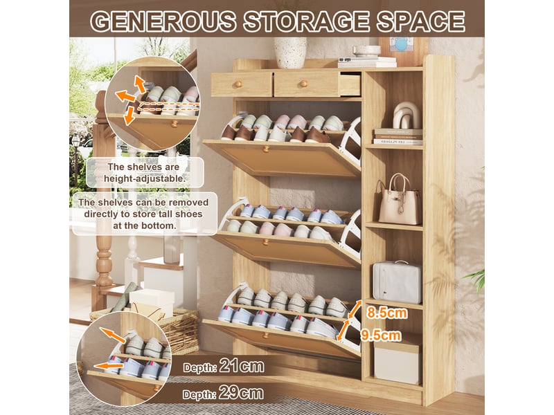 Meuble à chaussures étroit 3 abattants et 2 tiroirs - lpospi - étagères réglables, panneau de particules naturel  - Conforama E