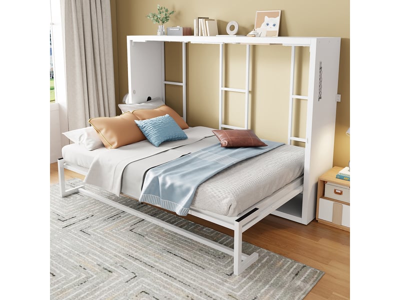  Lit escamotable blanc mural 140 x 200 cadre métal et bois pliable robuste silencieux idéal studio appartement ou chambre d invités BUYDEEMEUS - Conforama C