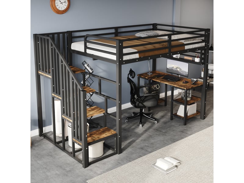  Lit mezzanine 120 x 200 cm, bureau intégré, escalier, étagères de rangement, sommier à lattes, métal et panneaux de particules, noir et noyer foncé ABC - Conforama D