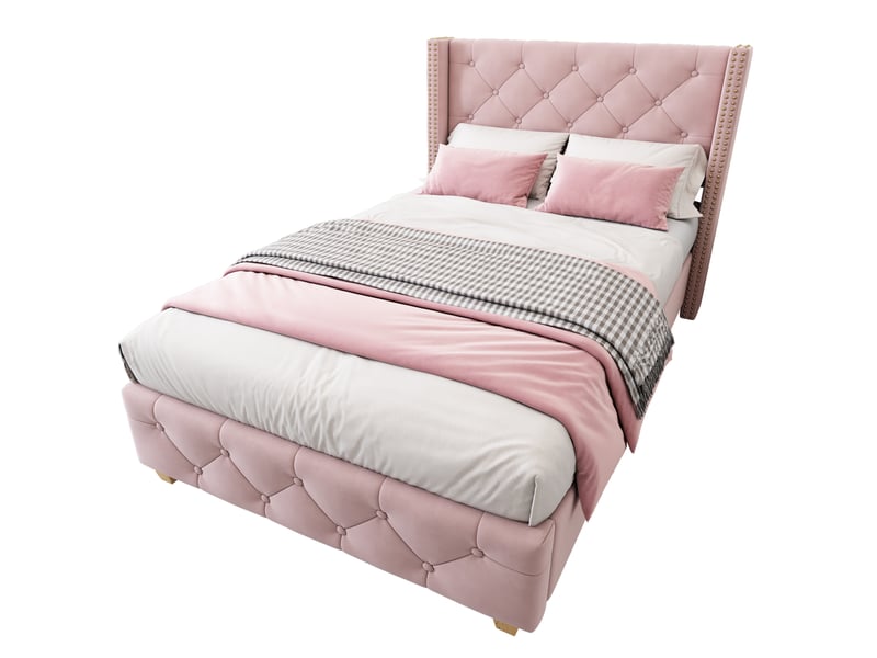  Modenvie lit 1 place capitonné 90x200 cm - velours et tête de lit capitonnée, sommier à lattes inclus - rose  - Conforama A
