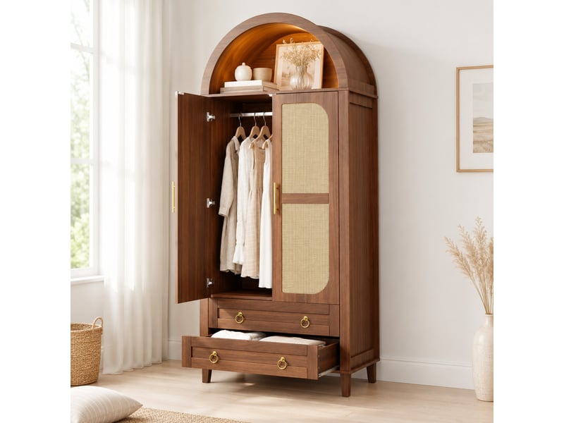  Armoire 2 portes 76x50x184 cm avec led et 2 tiroirs, finition noyer  - Conforama B