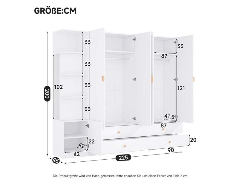  Armoire avec 3 tringles, 4 tiroirs et rangement ouvert pour chambre, en mdf, bois et acier, blanc, 225 × 45 × 200 cm  - Conforama E