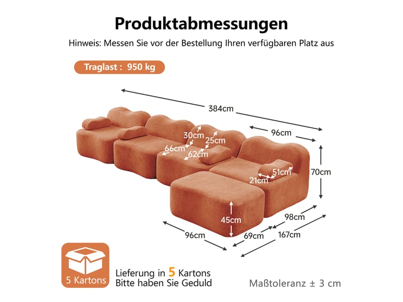  Canapé d'angle, canapé modulable, mousse haute densité, orange, 4 places, en tissu, avec pouf, sans cadre, avec accoudoirs  - Conforama D