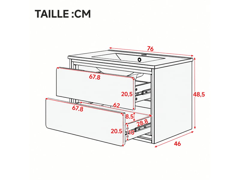  Meuble vasque suspendu blanc 76 cm avec lavabo intégré, 2 tiroirs et éclairage led  - Conforama C
