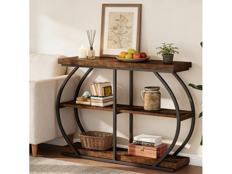  Console à 3 niveaux avec étagères de rangement, structure métallique, pour entrée et salon, bois marron 105 × 24 × 80 cm  - Conforama A