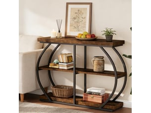 Console à 3 niveaux avec étagères de rangement, structure métallique, pour entrée et salon, bois marron 105 × 24 × 80 cm