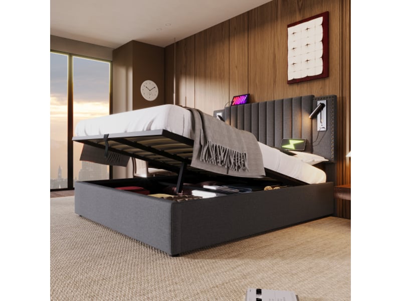 Lit capitonné 160x200 cm avec coffres et lampe usb – sommier et matelas inclus – tête de lit à clous déco gris coton - Conforama D