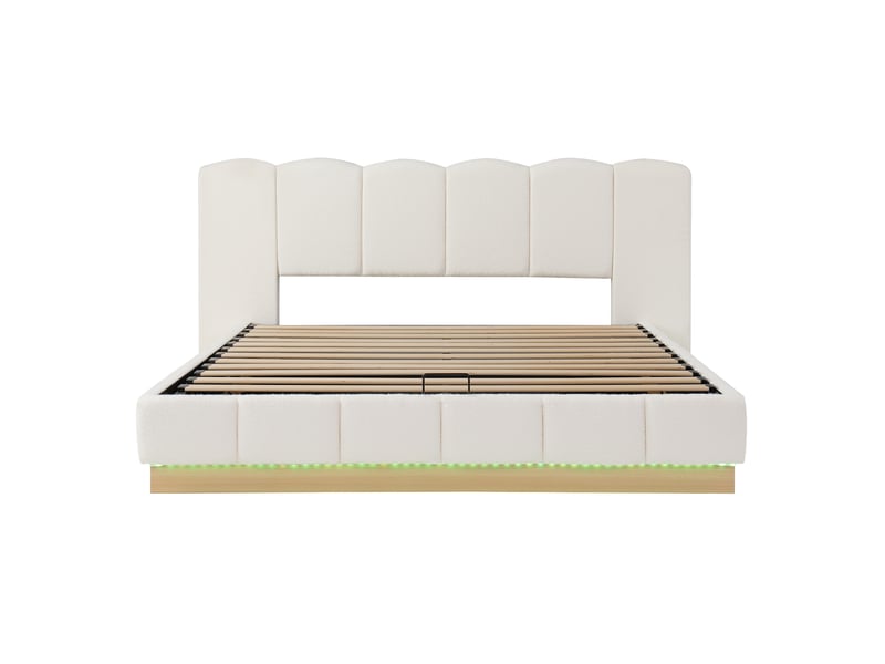 Lit coffre 180 × 200 cm en bouclé blanc avec led et sommier relevable Fay Lum - Conforama W