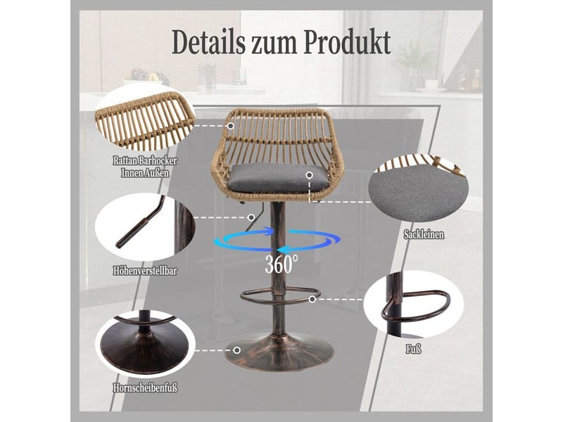  Tabourets de bar réglables - lot de 2 - lin - 49x48x89-109 cm - hauteur réglable 65-85 cm - pivotant 360° gris - Conforama C