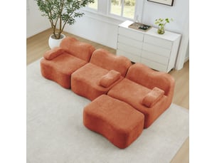Canapé d'angle modulable 3 places en velours orange avec pouf