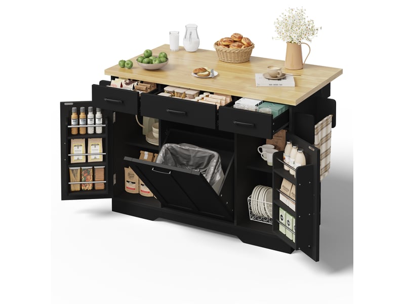  Desserte de cuisine avec plateau rabattable, rangement, poubelle intégrée et roulettes, mdf noir, 120 × 45 (70) × 87 cm  - Conforama A