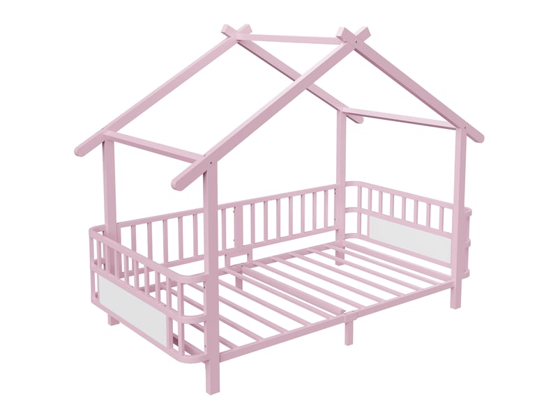  Lit enfant cabane avec garde-corps, métal rose, 90 x 200 cm, toit et cadre décoratif  - Conforama E