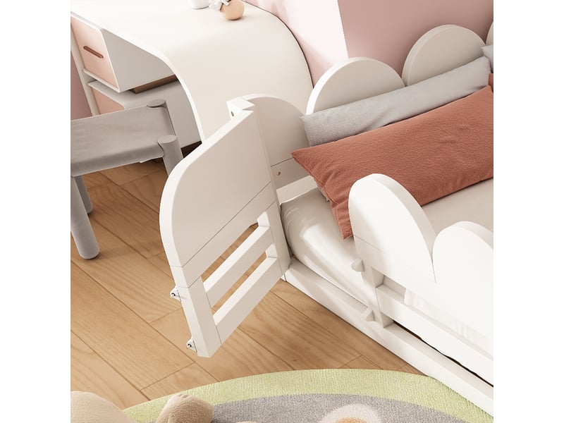  Lit au sol enfant 140x200 blanc avec barrière de sécurité, porte et sommier à lattes, lit double en bois  - Conforama W