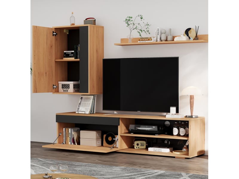  Meuble tv avec meuble mural, étagère murale, 2 portes à fermeture amortie et rangements pour salon, chêne et noir  - Conforama C