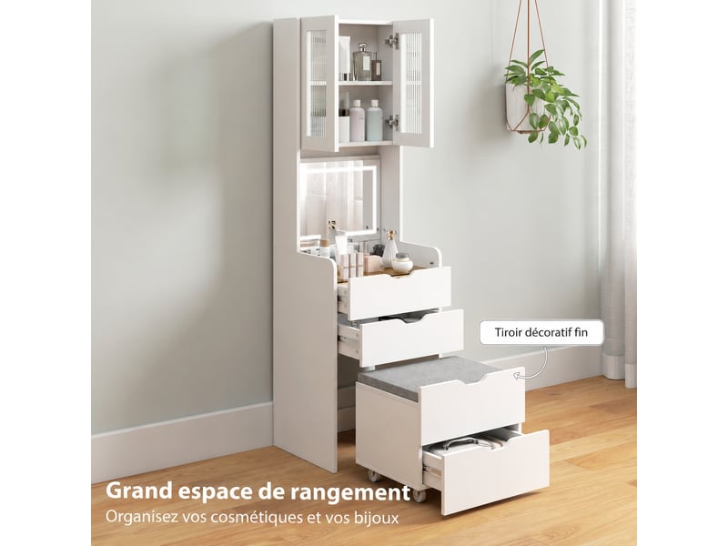  Coiffeuse blanche avec miroir éclairé et tabouret, led 3 teintes, 3 tiroirs et placard, 50 x 40 x 160 cm  - Conforama C