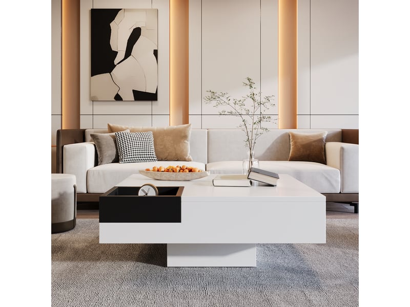 Table basse carrée avec boîte de rangement amovible et led multicolore, finition brillante, pour salon, blanc, 72×72×30 cm - Conforama C