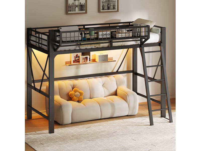  Lit mezzanine modenvie 90 x 200 cm avec panier de rangement et éclairage led, métal, noir  - Conforama D