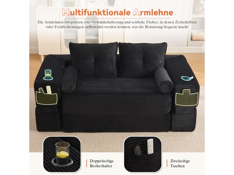 Canapé convertible 2 places en velours côtelé noir avec tiroirs intégrés et accoudoirs amovibles - Conforama E