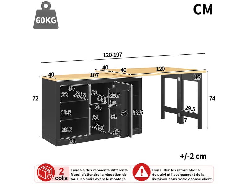  Table de salle à manger avec plateau rotatif extensible et éclairage led - pour cuisine - en mdf - 120×40×72 cm - noir  - Conforama D
