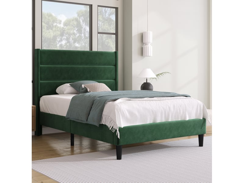  Lit simple 90x200 cm avec tête de lit et lattes, revêtement textile vert foncé  - Conforama B