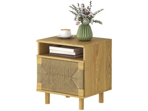 Table de chevet bohème avec porte en corde de papier, étagère ouverte, ouverture par simple pression, chêne, 45 x 39 x 50 cm