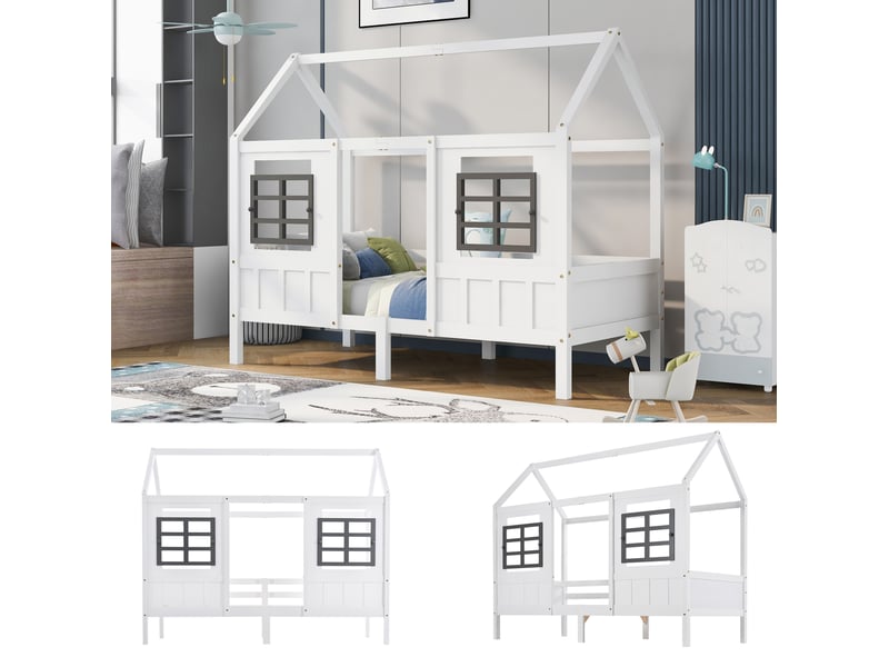  Lit enfant cabane 90x200 cm avec fenêtres de protection, blanc, pin et mdf  - Conforama D