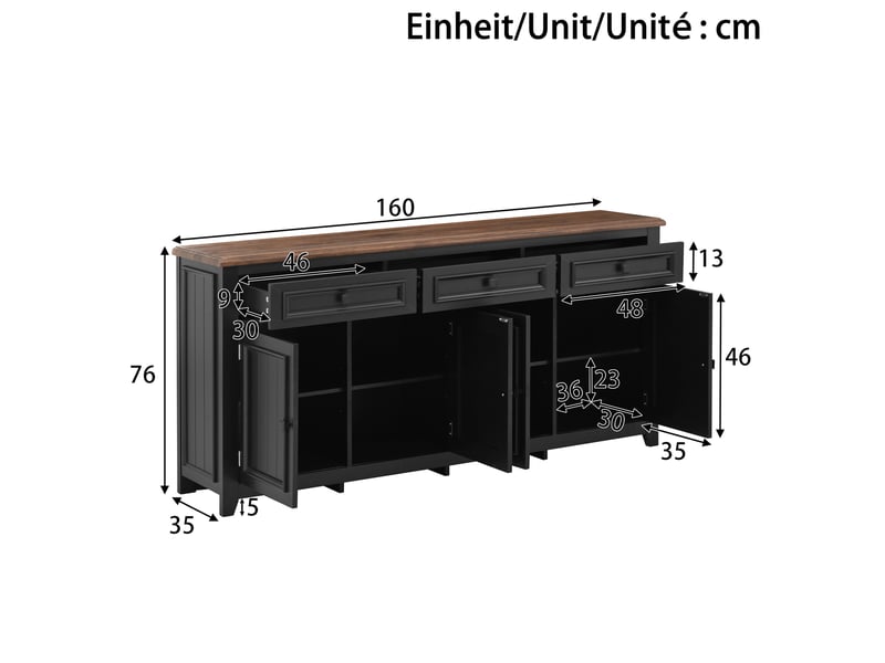  Buffet moderne 160x35x76 cm, grand rangement, 3 tiroirs, 4 portes, tablettes réglables, mdf noir, dessus motif bois  - Conforama C