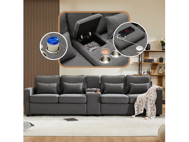  Canapé 4 places avec console, rangements et ports usb homvra  - Conforama D