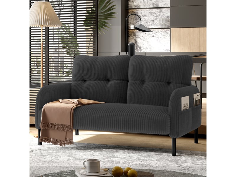  Canapé 2 places en velours côtelé gris avec dossier haut, accoudoirs ergonomiques et poches latérales  - Conforama B