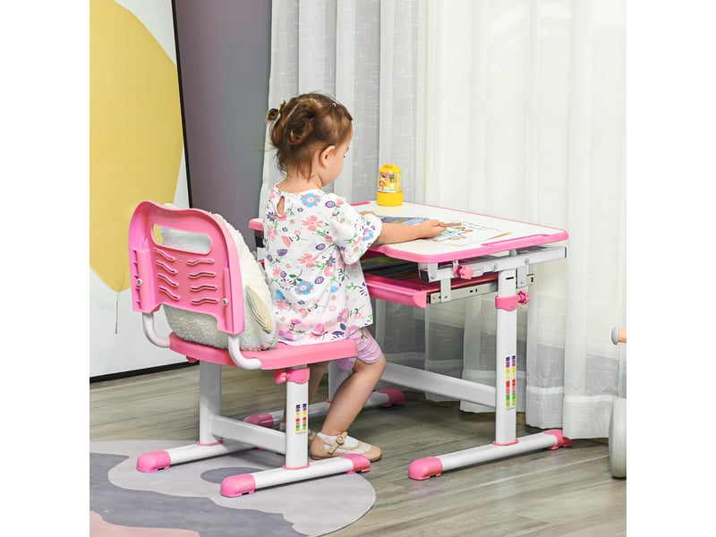  Bureau enfant 6-12 ans avec chaise et hauteur réglable, plateau inclinable, 66 x 47 x 52-77 cm, rose  - Conforama B