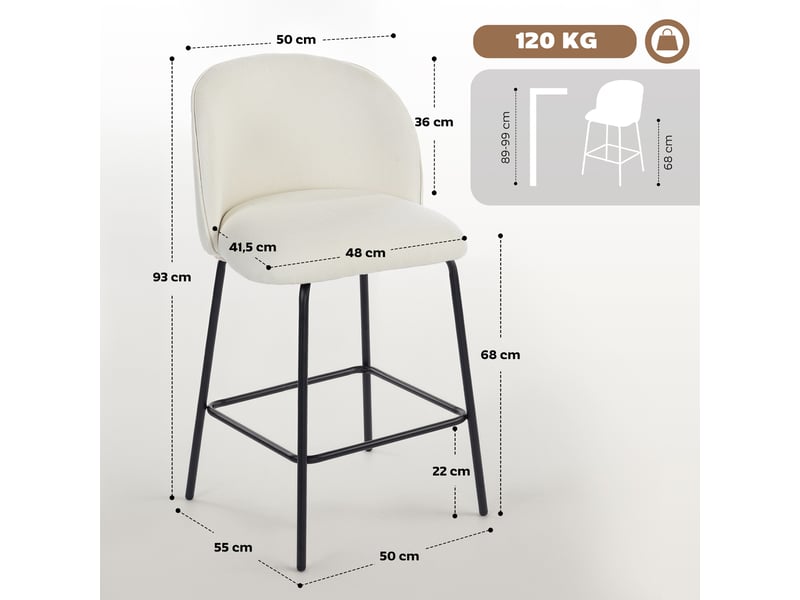  Lot de 2 tabourets de bar, chaises de bar, repose-pieds et dossier, tissu effet lin, hauteur d'assise 68cm, crème  - Conforama C