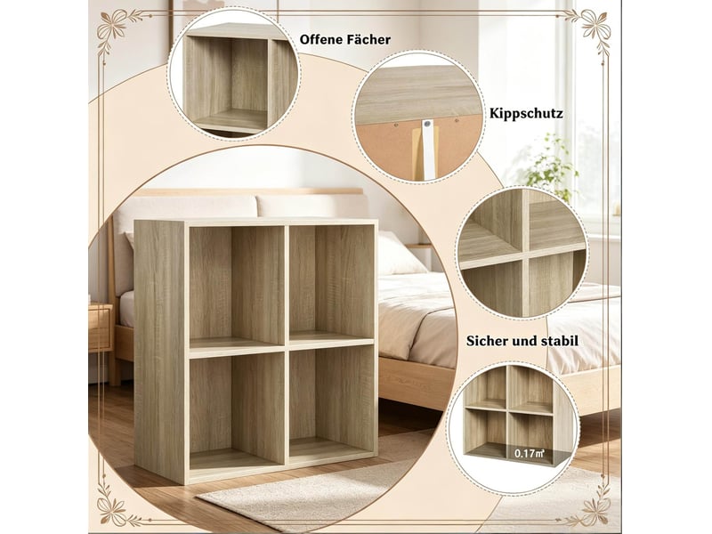 Étagère cube de rangement 59,6 x 59,8 x 29 cm – chêne clair – 4 compartiments ouverts, style nordique - Conforama E