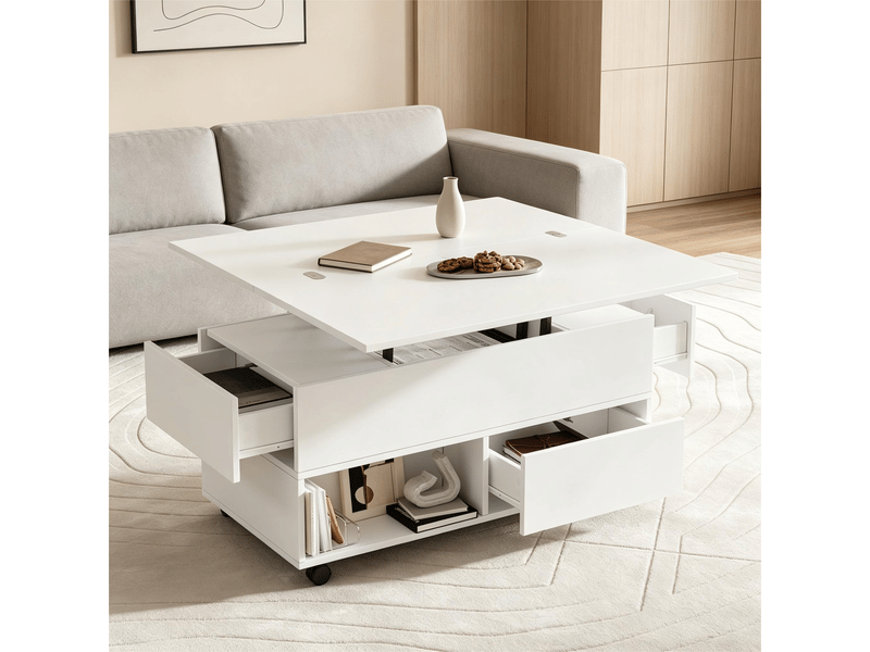  Table basse relevable blanche multifonction 100cm - 4 tiroirs, roulettes, rangement  - Conforama B