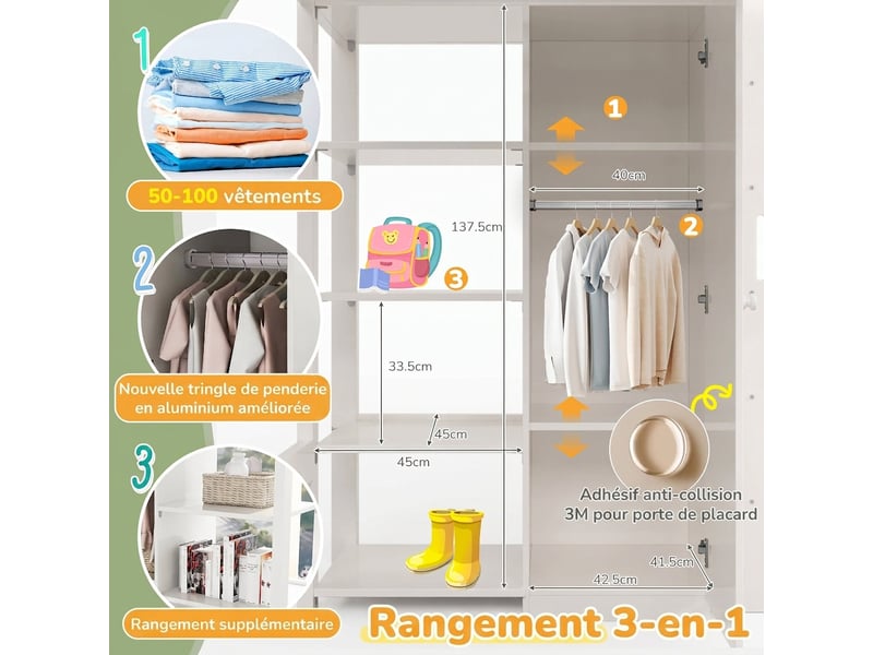  Lit mezzanine 90x200 cm avec armoire et 6 étagères - bois massif et panneaux blanc - 120 kg  - Conforama R
