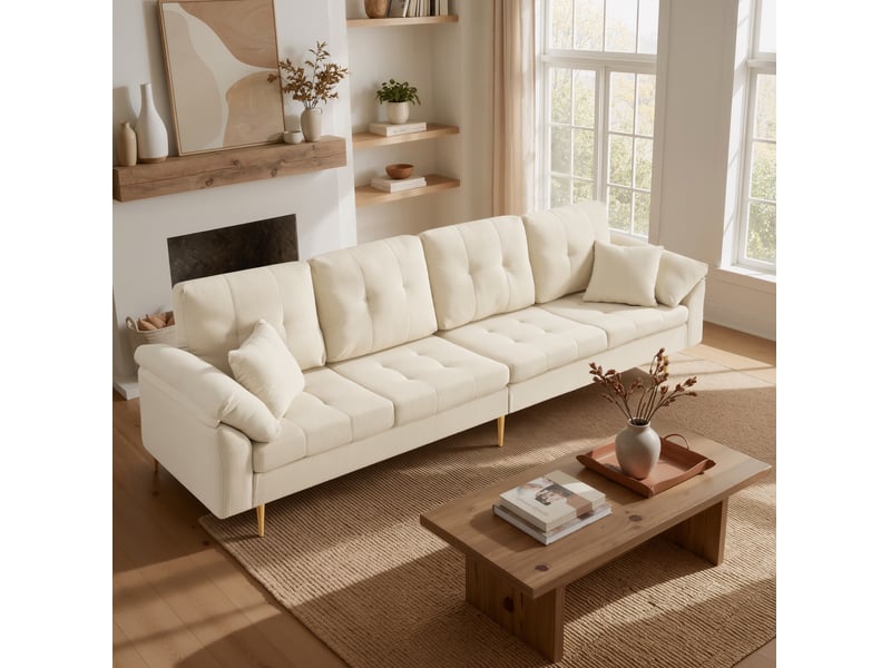 Canapé d'angle 4 places avec pouf modulable à gauche ou à droite, pieds en fer 20 cm, velours côtelé beige clair - Conforama E