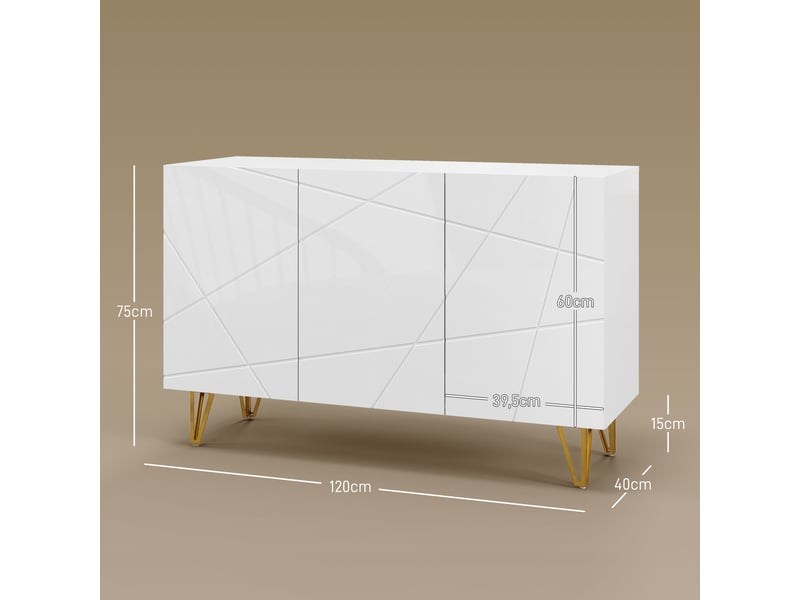  Buffet d'entrée à 3 portes et étagères réglables pour cuisine et salon, 120 x 40 x 75 cm, blanc brillant  - Conforama E