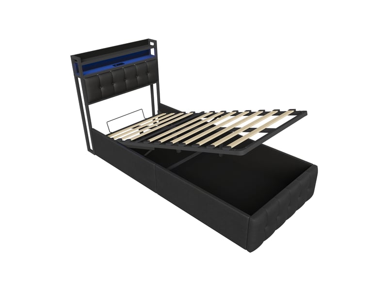 Lit coffre 90x200 avec led et usb, lit simple avec espace de rangement hydraulique cadre de lit rembourré avec tete de lit lits 1 place pour adolescent et chambre d'amis noir pu, sans matelas - Conforama R