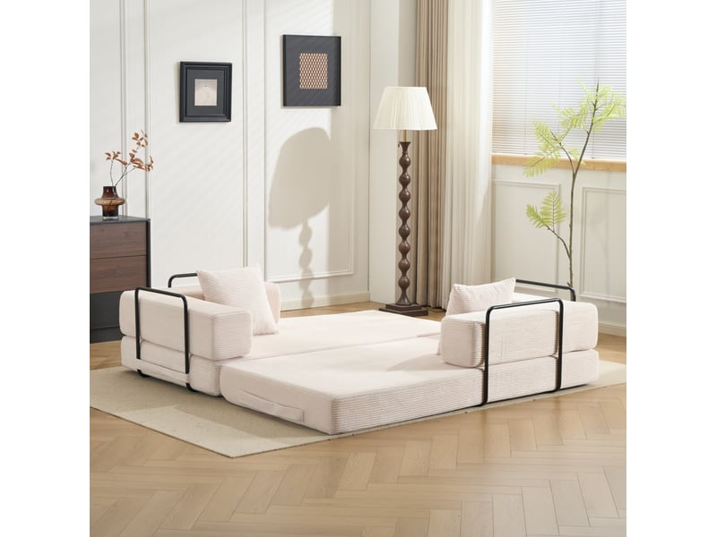  Canapé convertible au sol 2 places pliable avec coussins, fonction couchage en velours côtelé blanc  - Conforama D