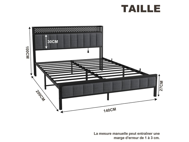  Tcqpz lit adulte 140x200 cm en métal noir avec tête de lit étagère et ports usb  - Conforama C