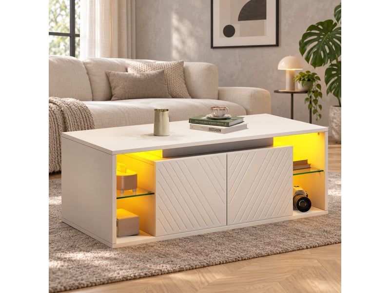  Table basse led 100 x 50 x 41 cm blanche, 2 portes, rangement semi-ouvert, panneaux de particules, charge 30 kg  - Conforama D