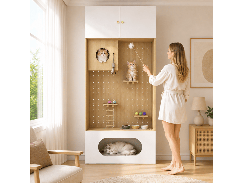  Meuble pour félins multifonction blanc et bois clair 90 x 50 x 200 cm, avec rangement et espace d’escalade  - Conforama E