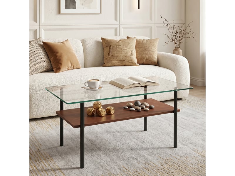  Table basse rectangulaire 98cm verre trempé et bois avec étagère – design moderne et 2 niveaux  - Conforama C