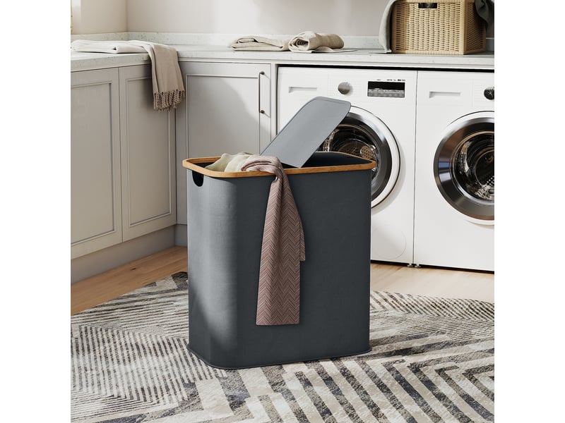  Panier à linge double pliable 80 l corbeille à linge sale avec couvercle, gris, poignées rainurées  - Conforama D