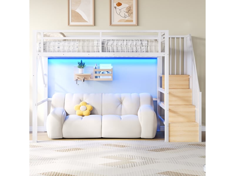  Lit mezzanine enfant 90x200 cm, éclairage led, escalier avec rangement, espace libre modulable sous le lit, structure en métal, blanc evarich - Conforama E
