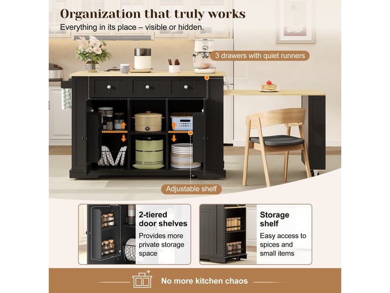  Desserte de cuisine 2 portes 2 tiroirs avec table extensible et roulettes 138×55×93 cm noir naturel  - Conforama C