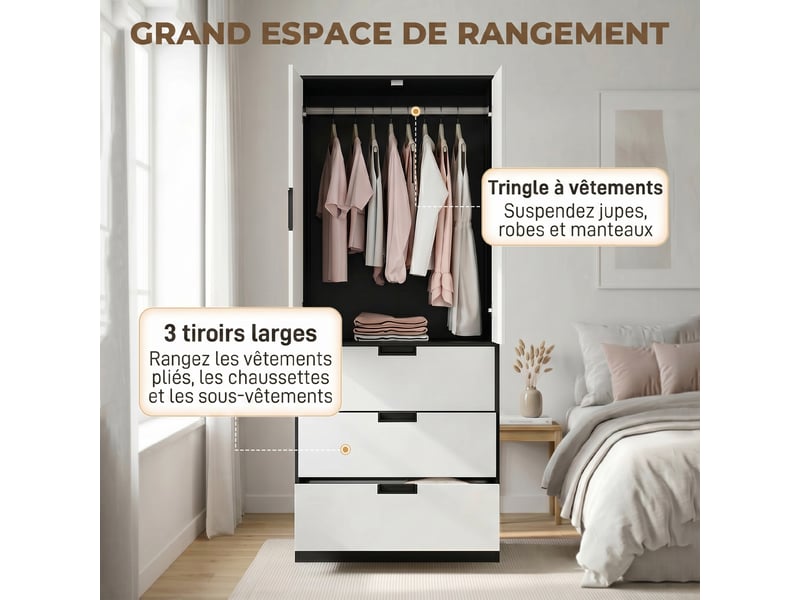 Armoire 2 portes et 3 tiroirs, armoire moderne avec penderie, pour chambre, noir et blanc - Conforama D