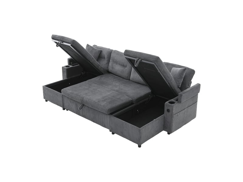  Canapé panoramique convertible,272x136x86 cm,4 places avec rangement,velours côtelé,gris anthracite  - Conforama A