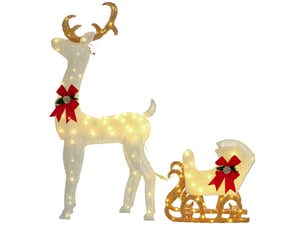 Renne de noël illuminé avec traîneau, 118 cm, blanc et rouge